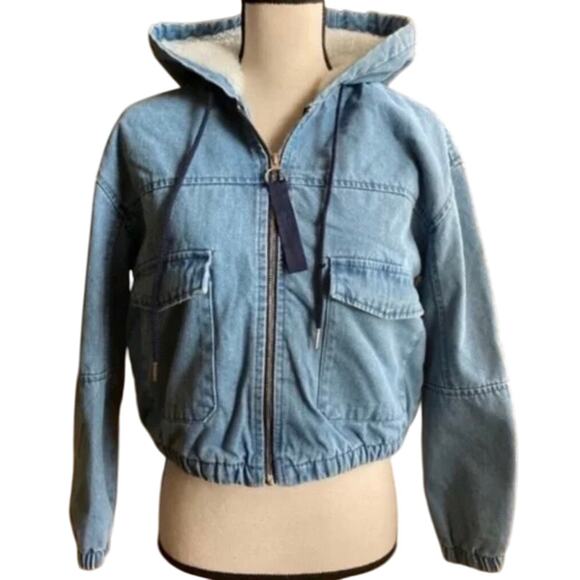 Ashley Vintage Charm Jackets & Blazers - Ashley Vintage Charm Crop Sherpa lined denim jean hooded western jacket Medium